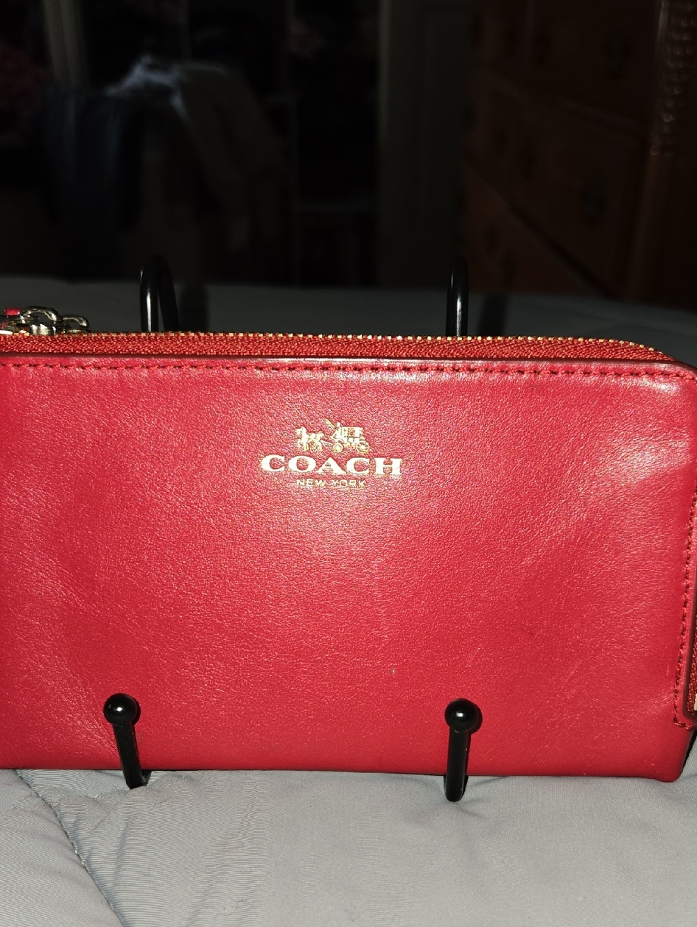 Coach F64581 Classic Red Leather Double Corner Zip Wristlet